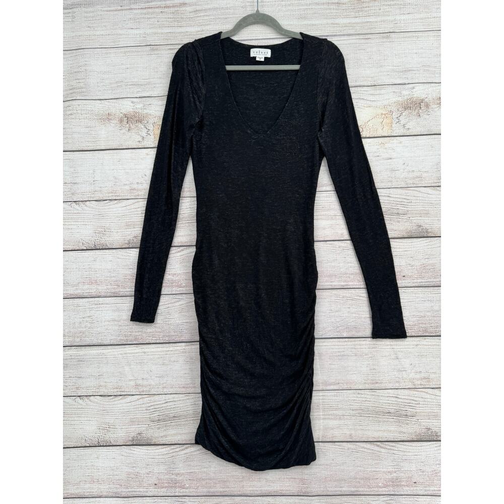 Velvet Graham Spencer Ruched‎ Side Bodycon Dress Womens Medium Black V-Neck